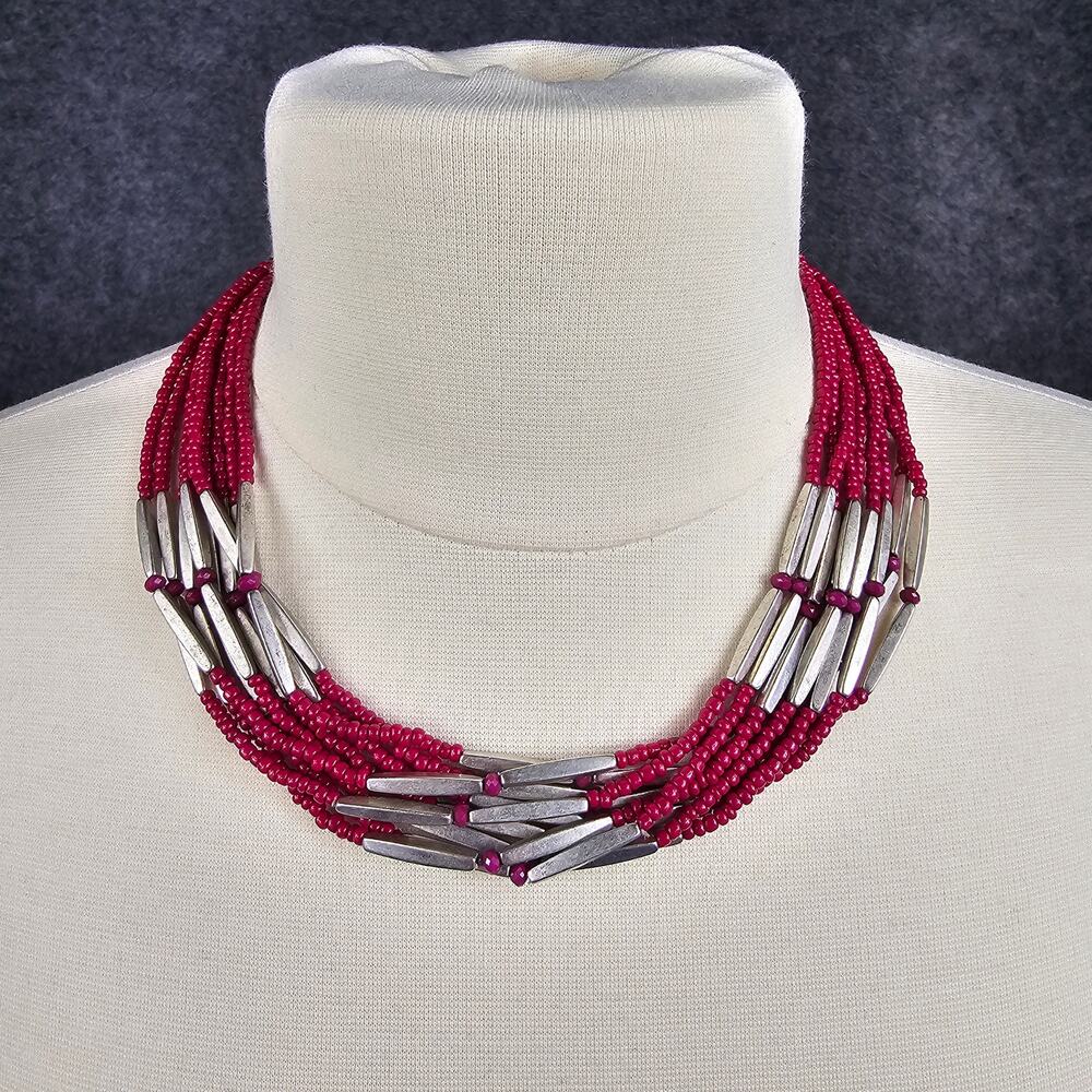 Premier Designs Multi Strand Berry Bright Statement Necklace Pink Silver 16"-20"